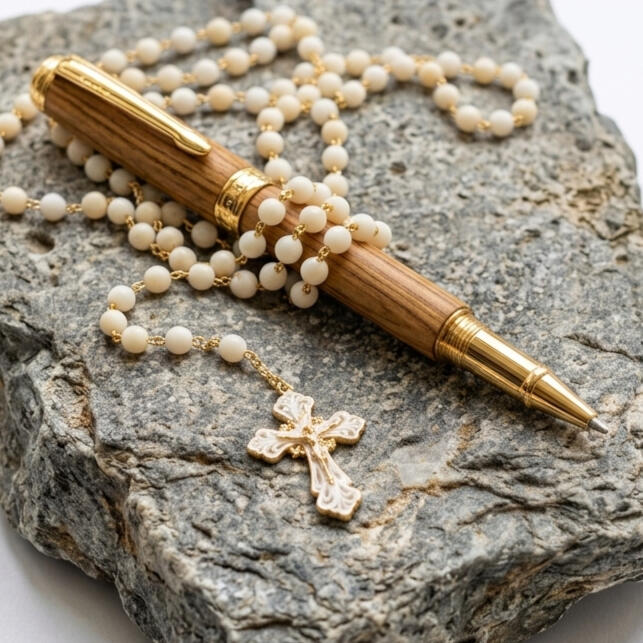 rosary and pen